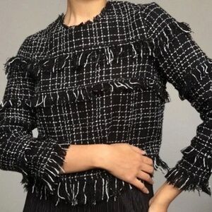 Zara Women Tweed and Fringe Blouse